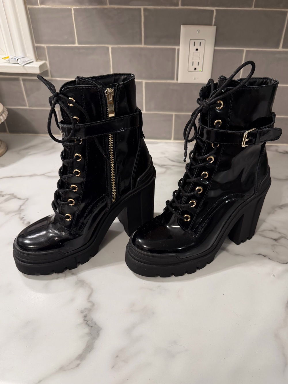 NWOT ALDO Uplift Patent Leather Lace Up Bootie, in Black, Size 7